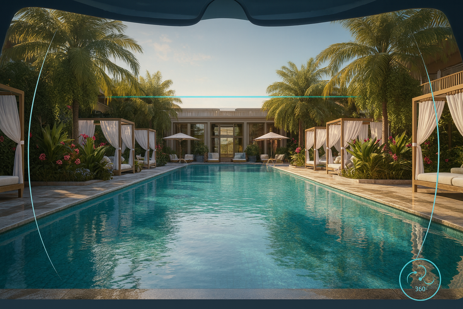 Luxury resort pool with cabanas and palm trees